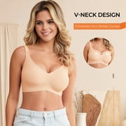 Women's Seamless Wireless Bras No Underwire Push Up Bralette Full Coverage Soft Comfort Wirefree Bra Deep V Neck Bras Support, Nude