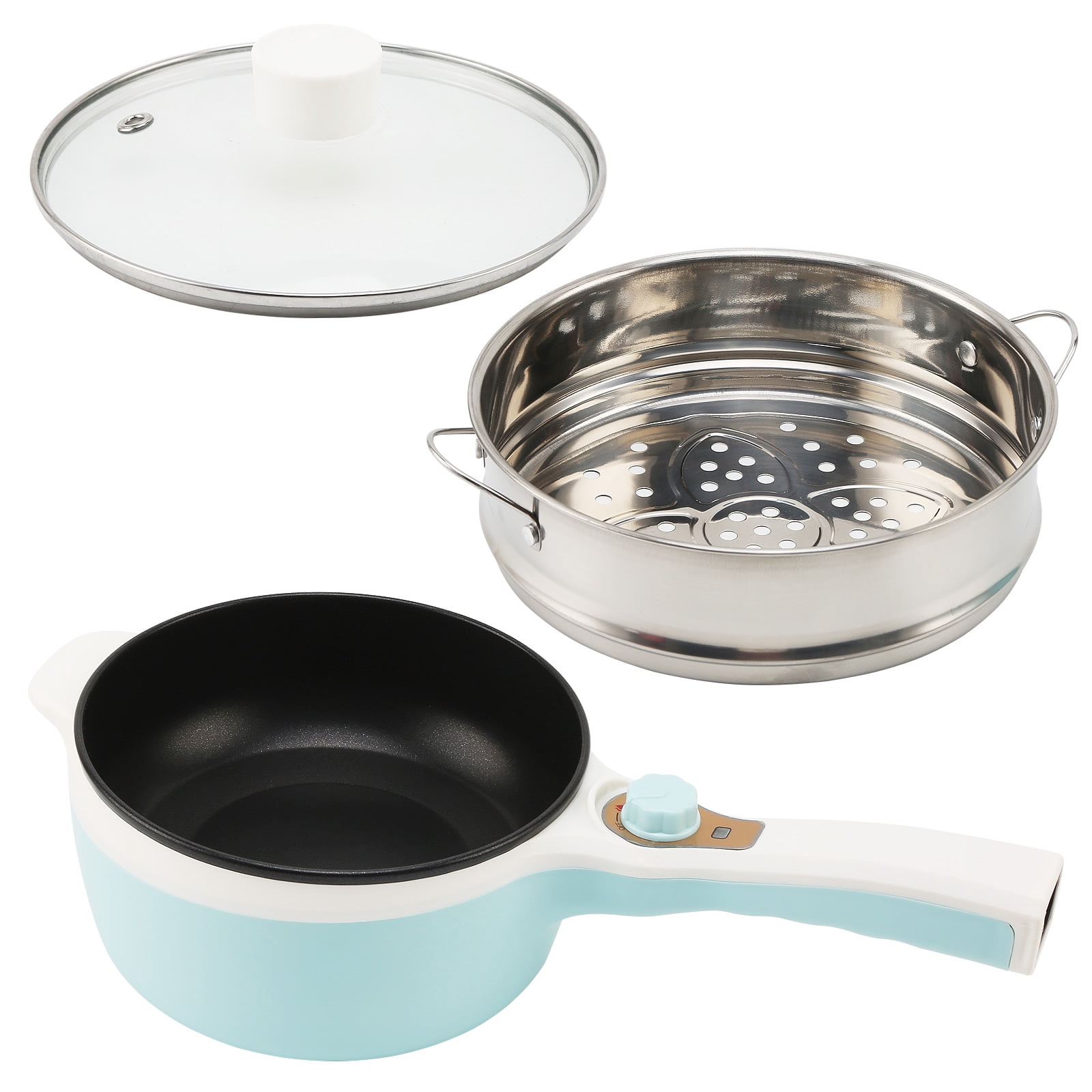 DICEEVIL 1.8L Electric Hot Pot with Steamer, Non-Stick Ramen Cooker Portable Mini Hot Pot with Dual Power Control for Pasta, Dumplings, Soup, Steak, (Rotary Switch) Blue