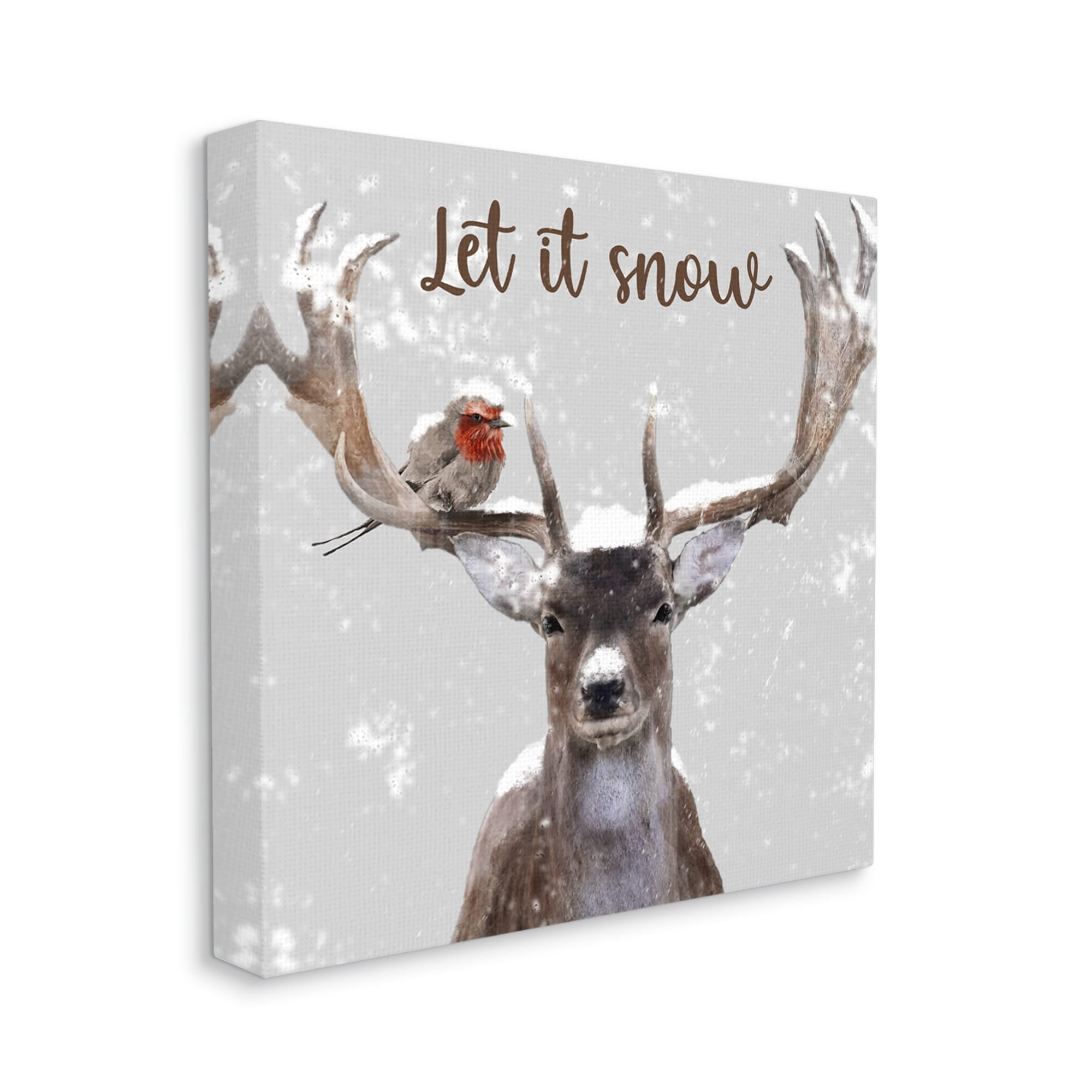 Let It Snow Winter Bird Perched Deer Antlers Animals & Insects Graphic Art Gallery-Wrapped Canvas Print Wall Art