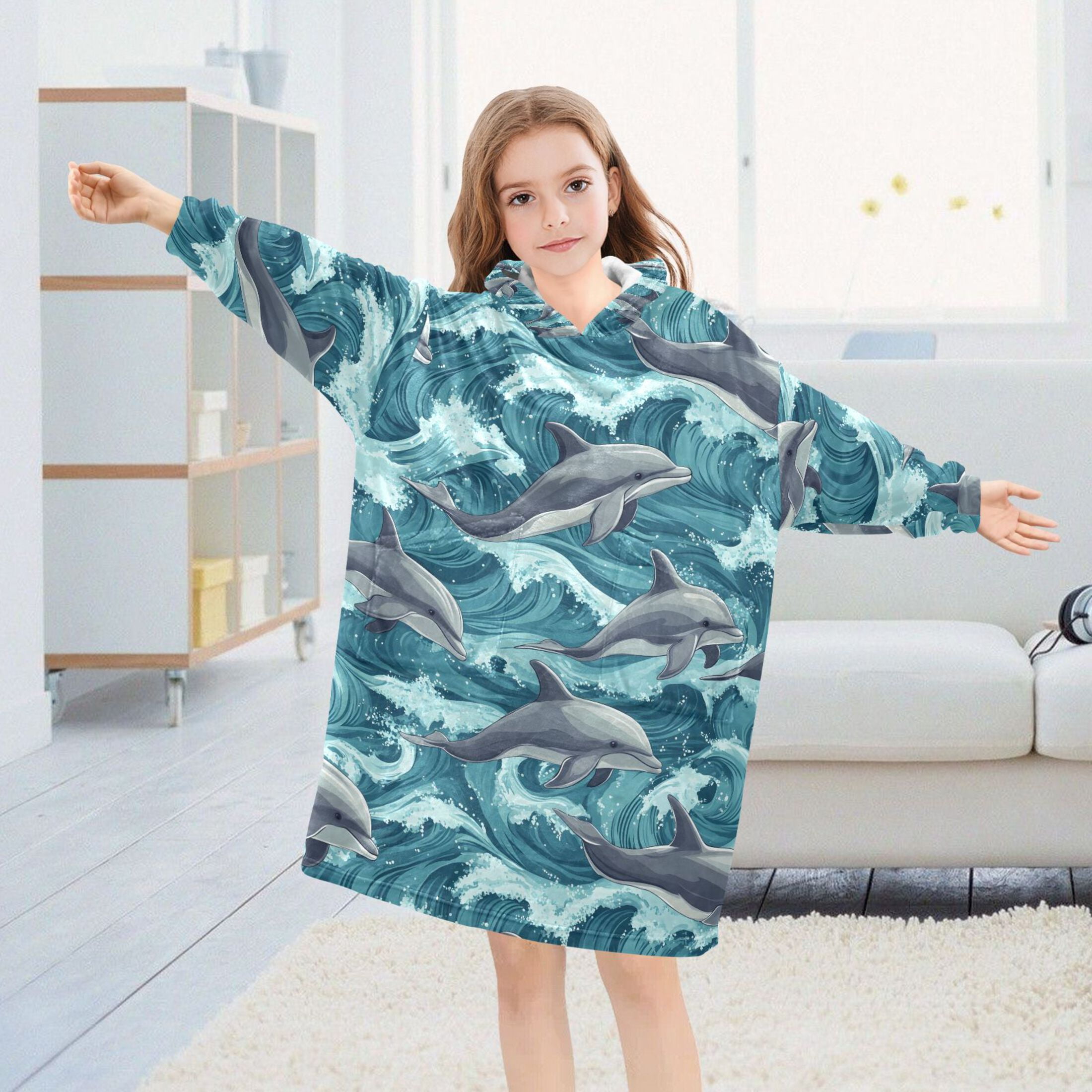 joogoo Wearable Blanket Hoodie for Cartoon Dolphins-z1 Oversized Sherpa Hooded 3-14 YR M