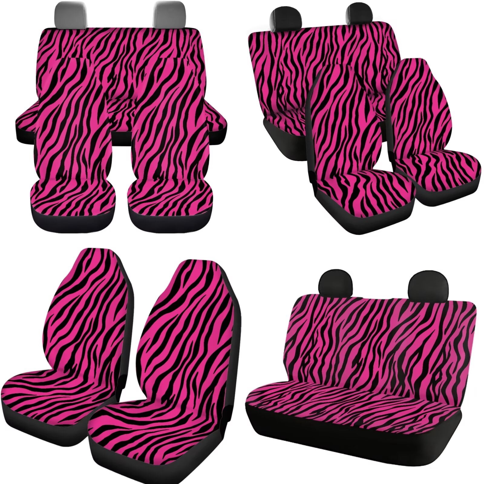 Garronmavis Pink Zebra Stripe Car Seat Cover Full Set of 11pcs with Headrest Protector Lanyards Key Chain Cup Pad Gear Shift Knob and Handbrake Sleeve Automotive Seat Cover Accessories
