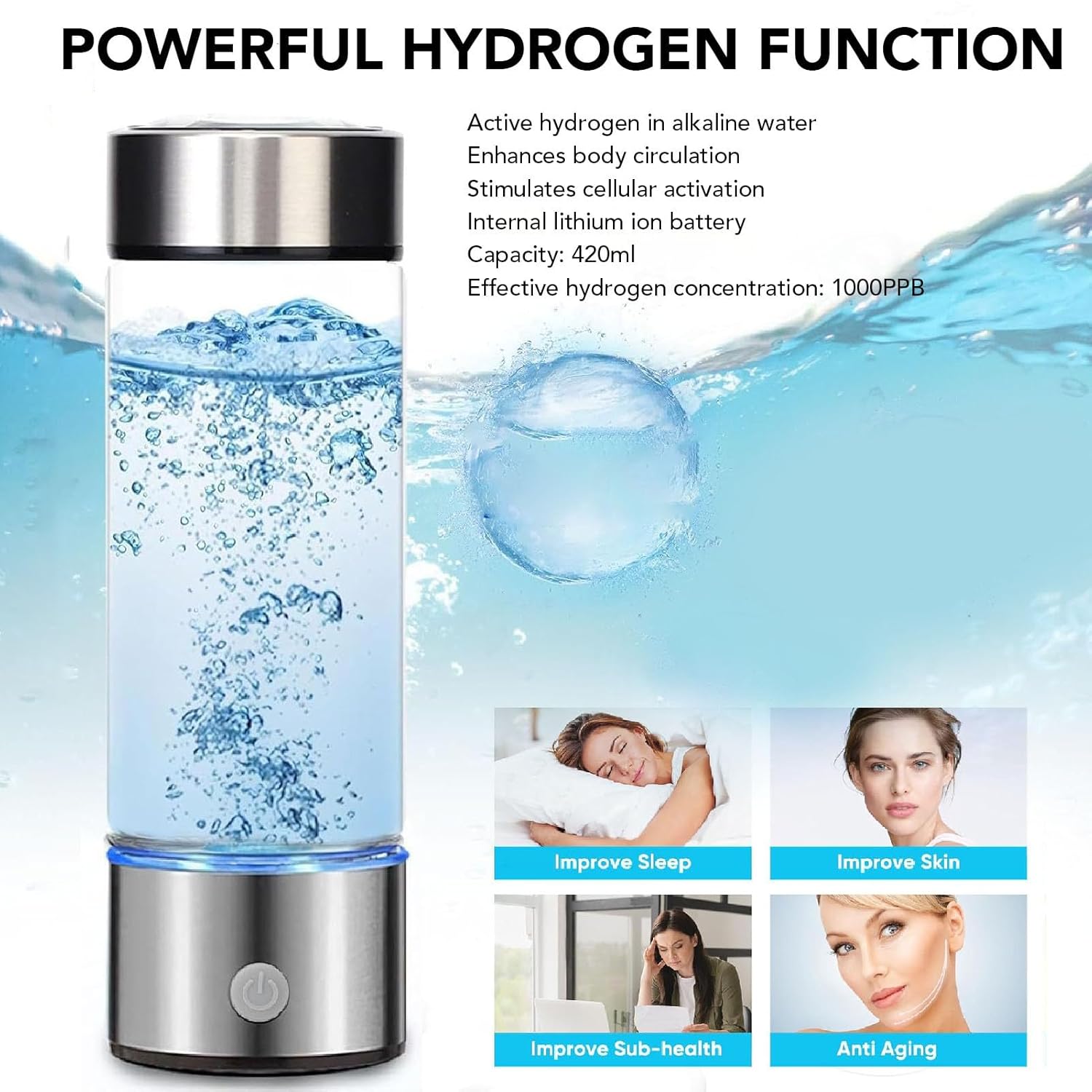 Hydrogen Water Bottle 1000PPB Quick Electrolysis 420ml Water Ionizer Anti Aging Hydrogen Rich Hydrogen Water Bottle Generator Electrolysis Ionizer Cup HydrogeWater Cup Home Office