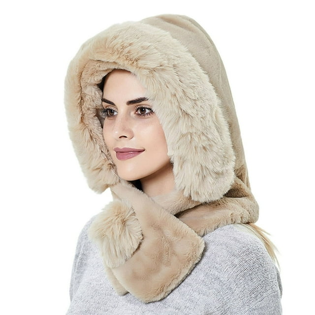 Women Hat Scarf Warm Fluffy Neck Protection Thicken Pure Color Winter Cap Scarf for Outdoor