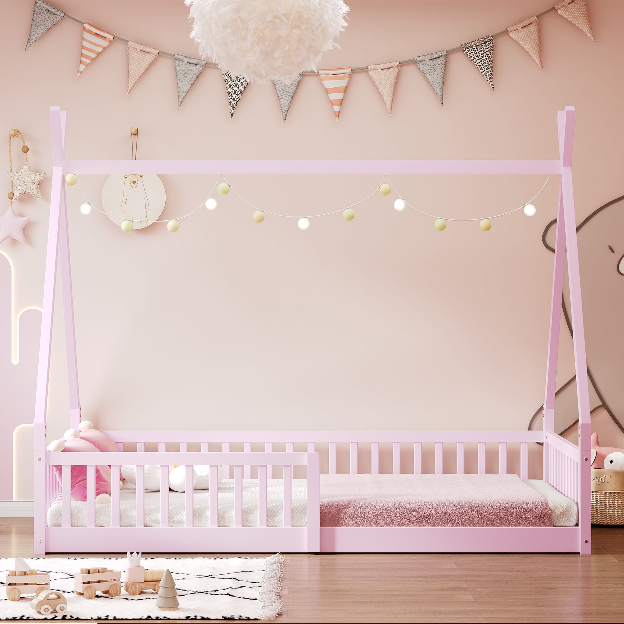 Euroco Twin Size House Platform Bed, Floor Bed with Guardrails for Kids Teens Room, Pink