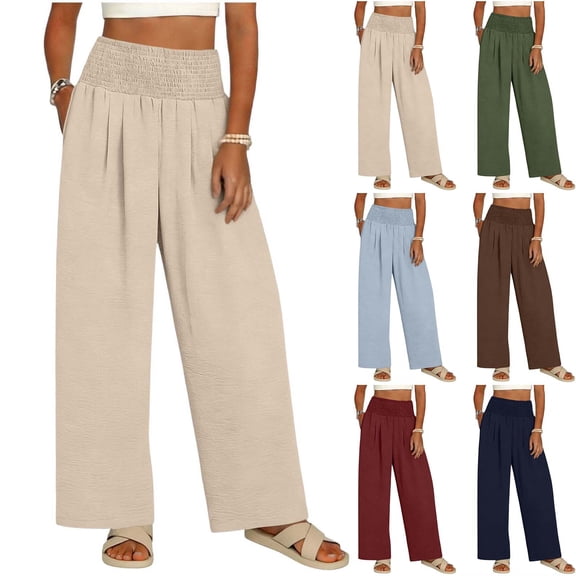 TAGOLD Womens Full Length Pants Solid Color Shirred Elastic Waist Pocket Casual Long Pants