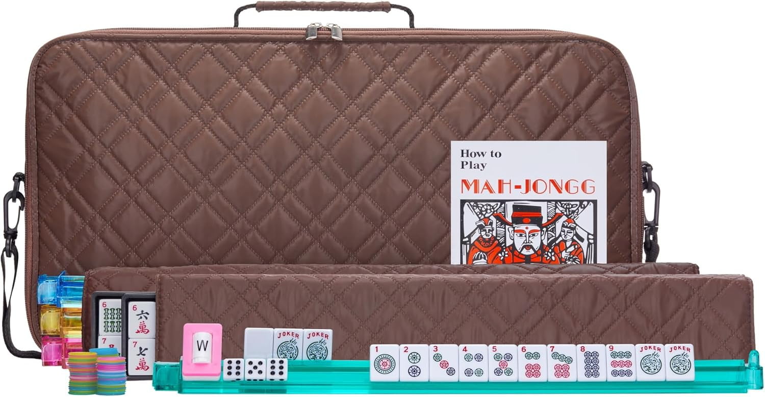 American Mahjong Set “Coffee - Quilted PU Leather Carrying Bag with Shoulder Strap & Handles, All-in-One Tile Racks with Pushers, 166 Engraved Tiles, Dice, Bettor, Extra Tiles & Instructions