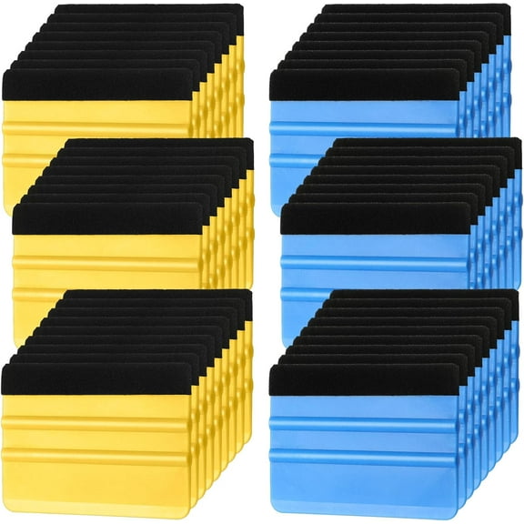 50 Pcs Plastic Vinyl Squeegee 4 Inch Felt Edge Squeegee for Car Window Windshield Glass Cleaning Tool Vinyl Scraper Decal Applicator Tool with Black Fabric Felt Edge, Blue Yellow
