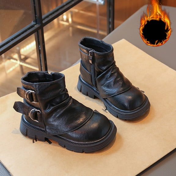 Girls Mallard Martin Boots - Children's Casual Leather Boots with Round Toe, Ankle Height, Stackable Style, Black Color, Chic and Functional, Suitable for School and Play