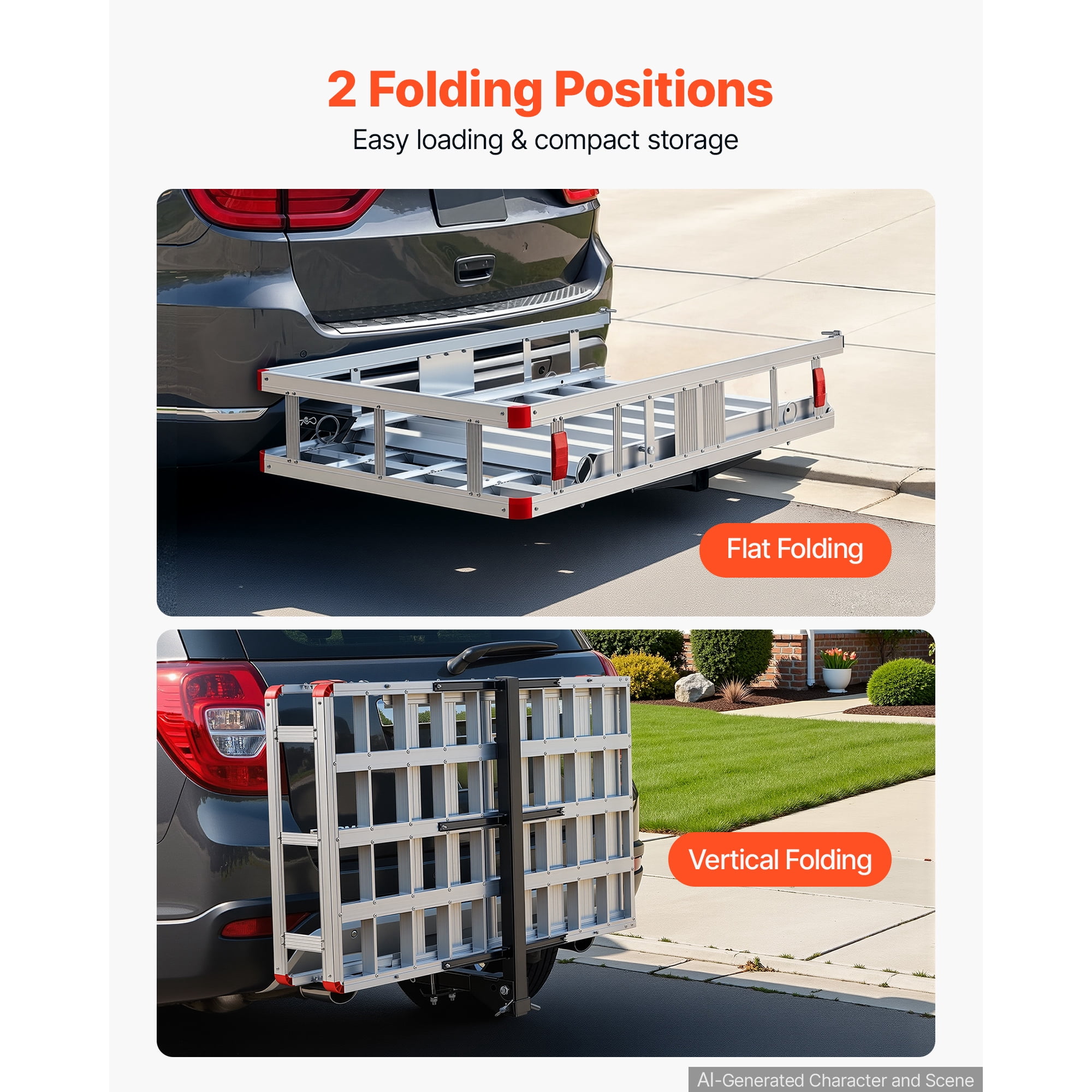KFFKFF Hitch Mount Wheelchair Carrier, 500LBS Capacity Mobility Scooter Rack with Folding Ramp, Aluminum Cargo Basket & Stabilizer Kit, Compatible with 2" Receiver for Truck, SUV, 50" x 29.5" x 8.9"