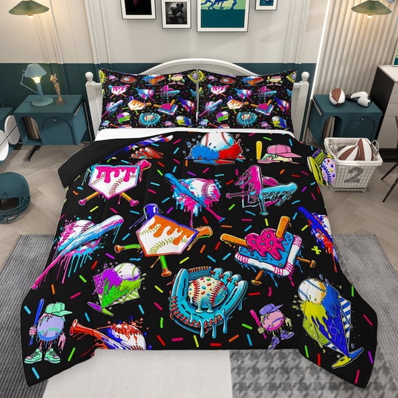 jejeloiu Watercolor Ice Cream Bedding Comforter Set,Baseball Sport Game Twin Comforter Sets,Colorful Graffiti Drip Bedding Set For Boys Girls,Breathable Home Decor Reversible,2pcs