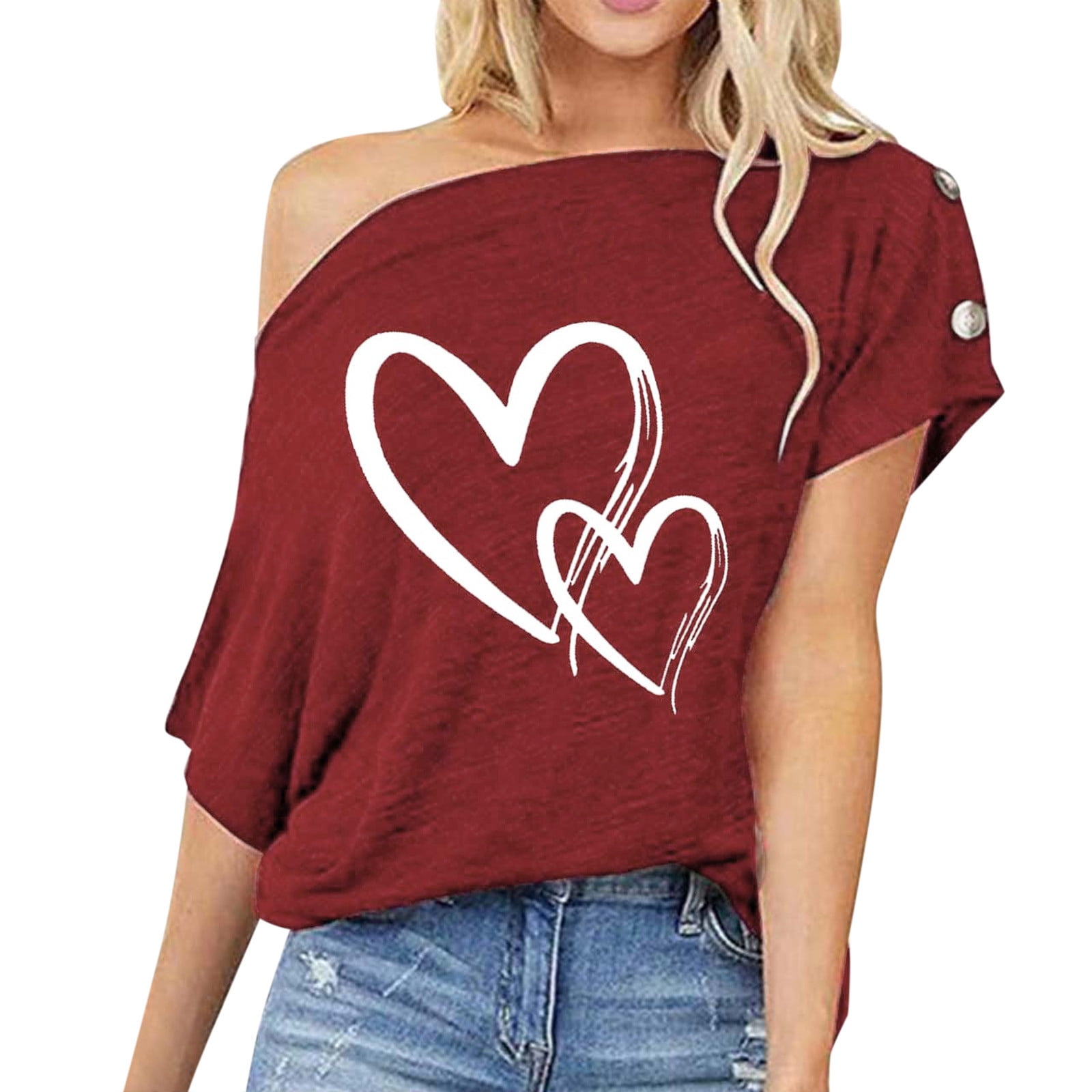 Alueeu Heat Womens Summer Tops Ladies Love Print Loose Casual Off-Shoulder  Button Decoration Short-Sleeved T-Shirt T Shirts for Women Ladies Tees And  Tops Wine Red M - Walmart.com