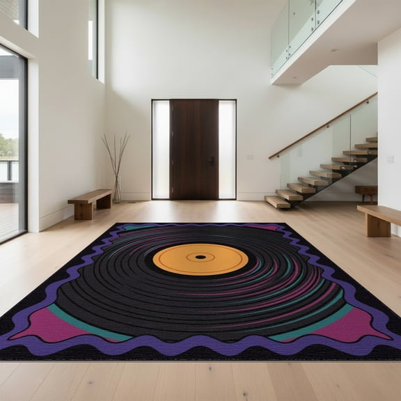 Design&I 8'x10' Washable Area Rug Record Music Retro Groovy Swirl Border Tapete Redondo Wet Vinyl Cd Playful for Living Room, Family Extra Large Skid-Resistant Low Profile