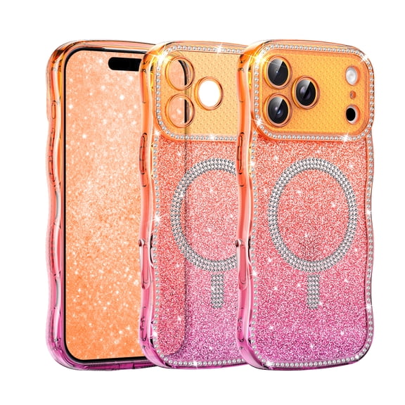 Dteck Glitter Diamond Case for iPhone 18 Pro Max, Compatible with MagSafe, Bling Sparkle Gradient TPU Back with Lens Cover,Orange Purple