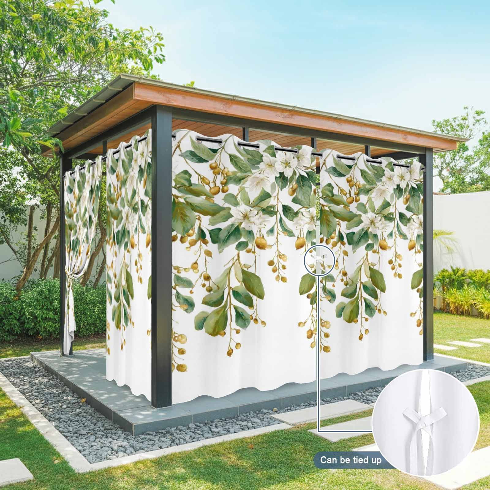 White Floral Vine Outdoor Curtains for Patio, Pastoral Flower Hanging Buds Leaves Botanical Sunshade Privacy Drapes Grommet Waterproof Outside Curtains for Porch/Cabana/Balcony 54"x 108", 1 Panel