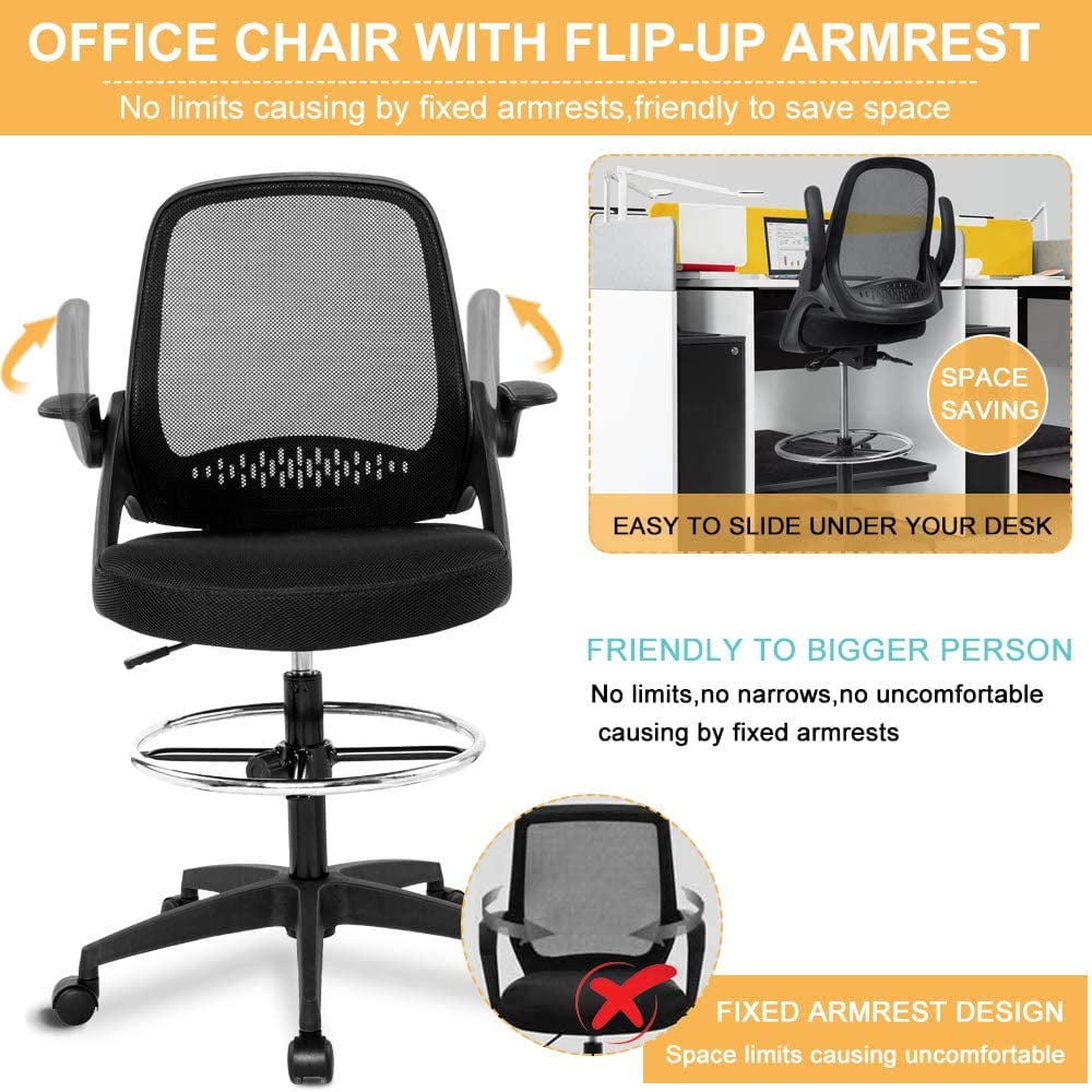 Drafting Chair Ergonomic Mesh Office Chair for Standing Adjustable Computer Desk Chair Home Office Desk Chair Mesh Task Chair with Footring & Flip Up Arms