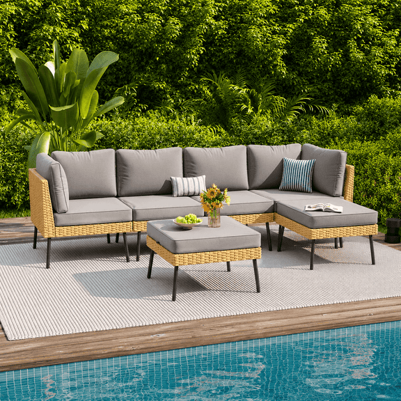 Clouddwell 6-Piece Light Gray Wicker Patio Sectional Conversation Set, Water Resistant Thick Cushions & Coffee Table for Backyard Poolside