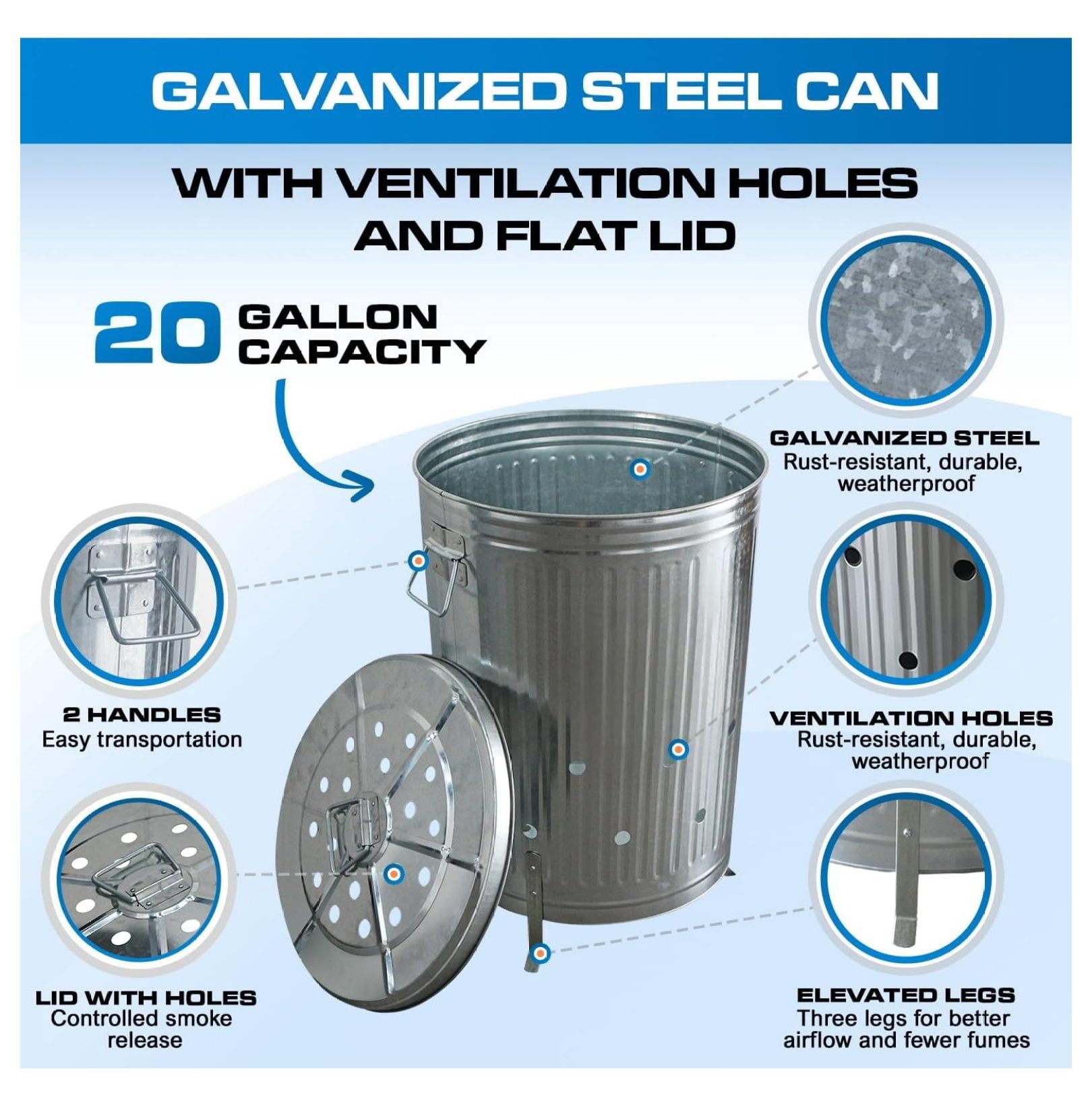 Incinerator Burn for Outside for Burning Trash Leaf - Metal Burn Can Cage Bin Container - Fire Can Paper Burner Outdoor, Lid and Ventilation Holes, Galvanized Steel, 20 Gallon