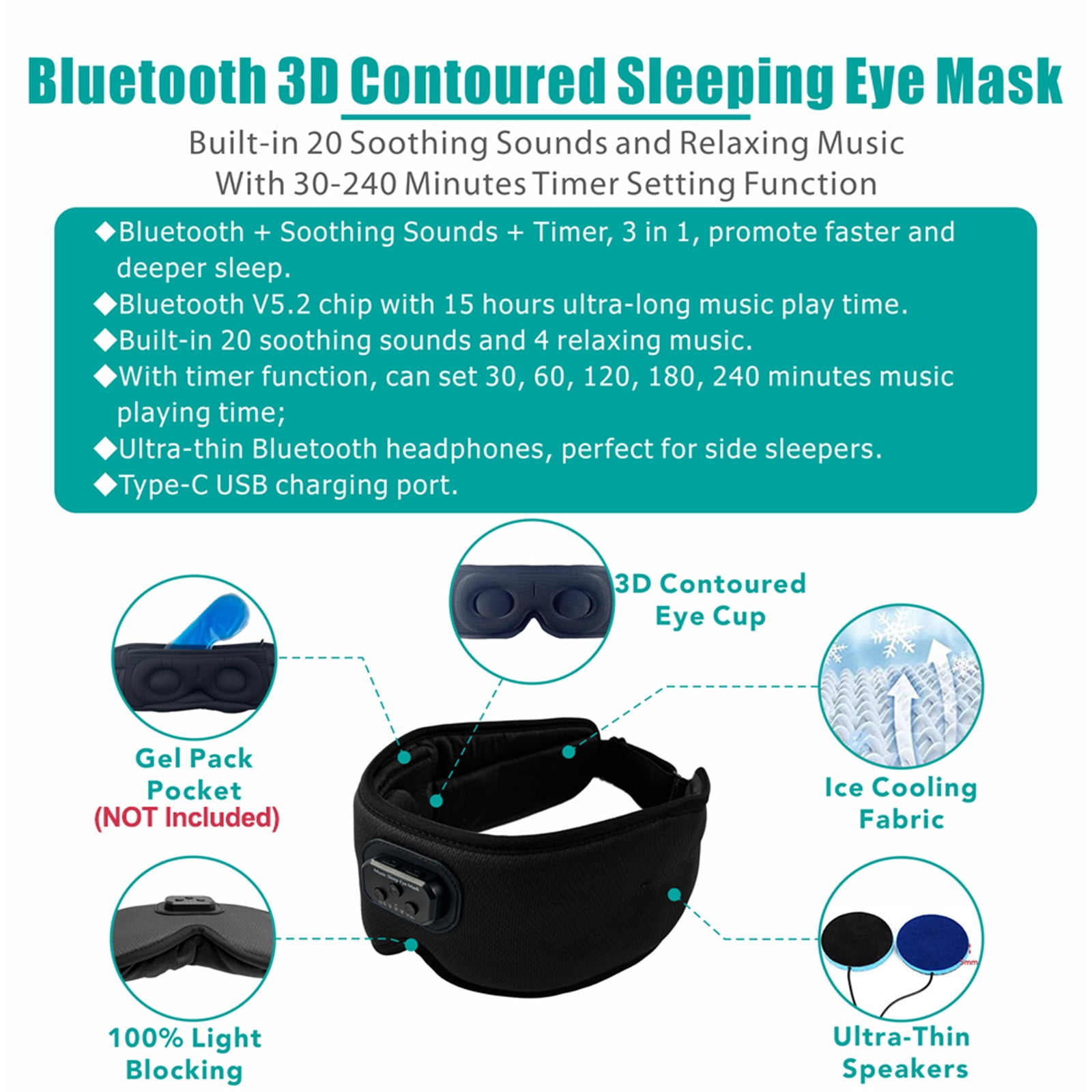Karlsitek Sleep Eye Mask with Bluetooth Headphones, HD Stereo Sound and Long Battery Life 3D Sleeping Headphones for Side Sleepers Best Gift