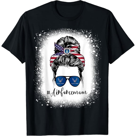 Bleached Air Force Mom Life Messy Bun US Flag Mothers Day T-ShirtMen and women, Black T-shirt, size: Extra large