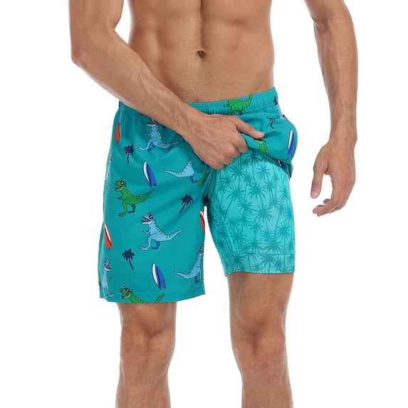LRD Men's Swim Trunks with Compression Liner 7 Inch Inseam Surfer Dino / Palm Trees S