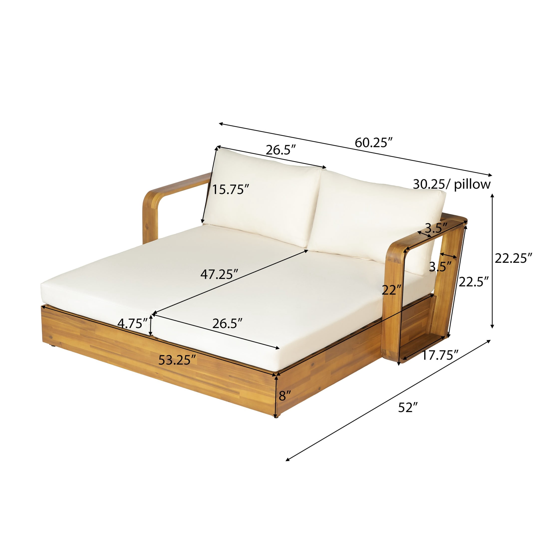 Christopher Knight Home 2-Seater Outdoor Daybed with Cushions, Acacia Wood Sofa Bed, Teak + Cream