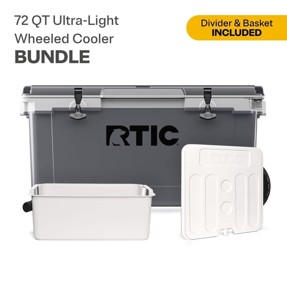 RTIC 72 Quart Wheeled Ultra-Light Hard Cooler Bundle, with Freezable Divider & Dry Basket, Dark Grey & Cool Grey