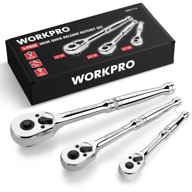 Juego de llaves de trinquete WORKPRO de 72 dientes con accionamiento 1/4, 3/8 y 1/2