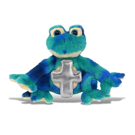DolliBu Blue Tie-Dye Frog Stuffed Animal with Silver Cross Plush - Religious Baby Baptism Gifts for Boys and Girls Dedication Christening Gifts Plush Prayer Toy Healing Stuffed Animal – 10 Inches