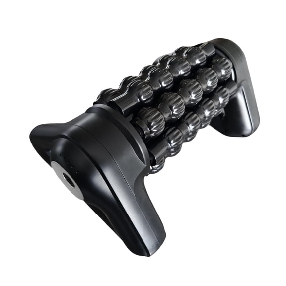 Masajeador percusivo rodante para el cuerpo de los atletas, portátil y recargable. Negro y plata