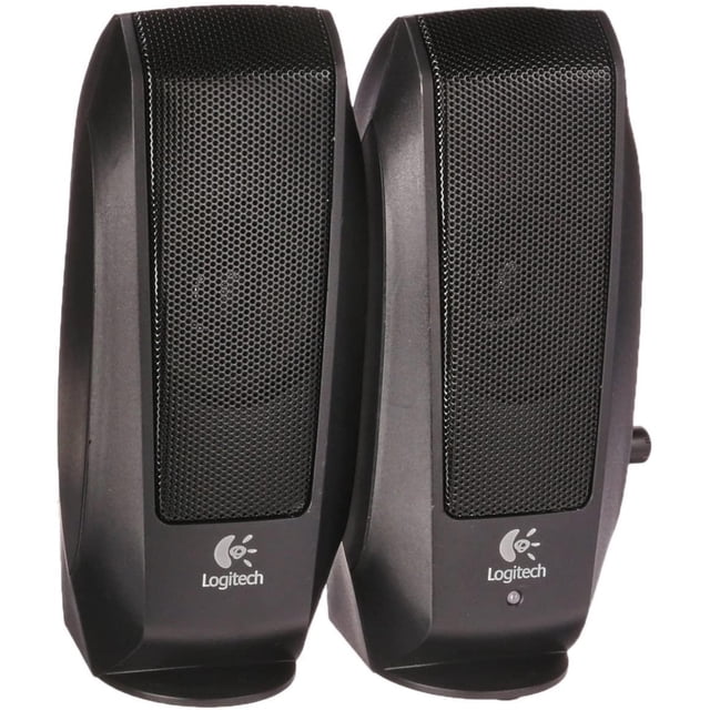 bocinas alámbricas logitech s120 con sonido estéreo negro par de altavoces satélite 2.0 en negro con rejilla metálica mate, base integrada para estabilidad, control de volumen lateral en la unidad derecha y entrada auxiliar 3,5 mm; diseño vertical compacto para PC, laptop, televisores y smartphones.