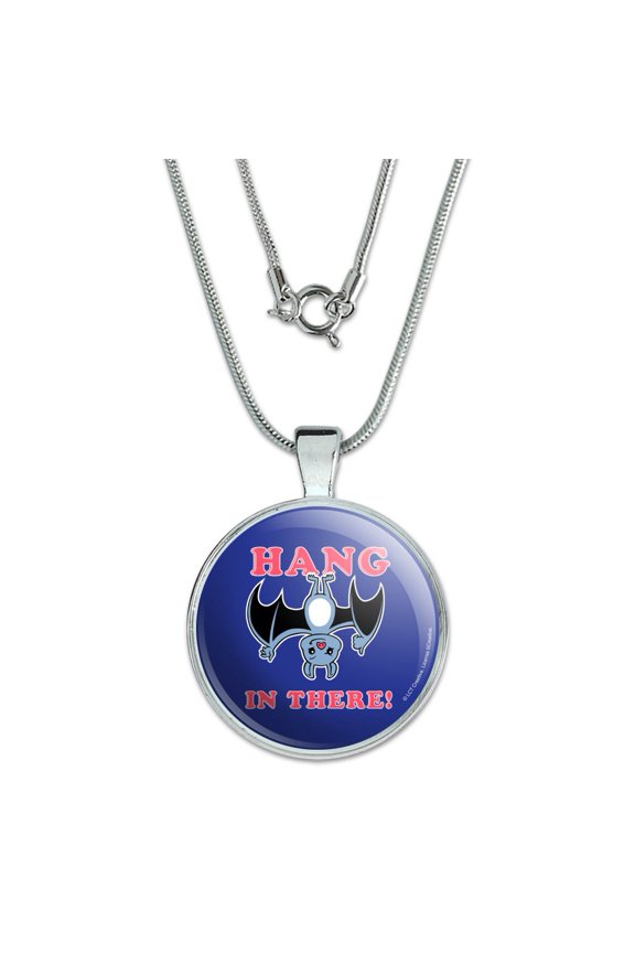 Hang in There Bat Funny Humor 1" Pendant with Sterling Silver Plated Chain