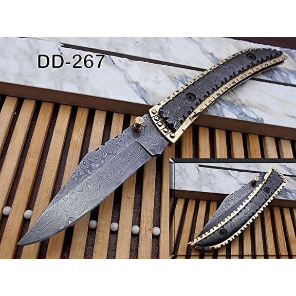 Full Damascus steel scale with engraved brass edging folding knife, Hand Forged blade Damascus, leather sheath With loop