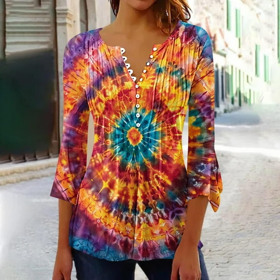 Ayolanni 3/4 Sleeve Women's Tops Tie Dye V-Neck Flared Sleeve Blouses Ladies Tops L