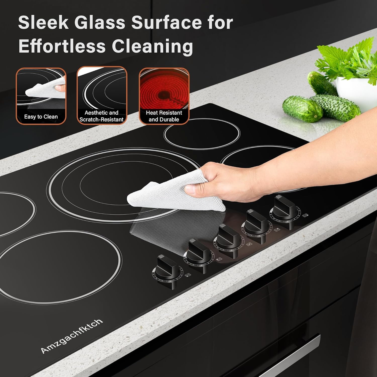 2 4 5 Burner Electric Cooktop 220V~240V, 12 24 30 Inch Built-in 3000W Ceramic Stove Top with Child Safety Lock, Timer & Residual Heat Indicator, Hard Wire(No Plug) for Modern Kitchens
