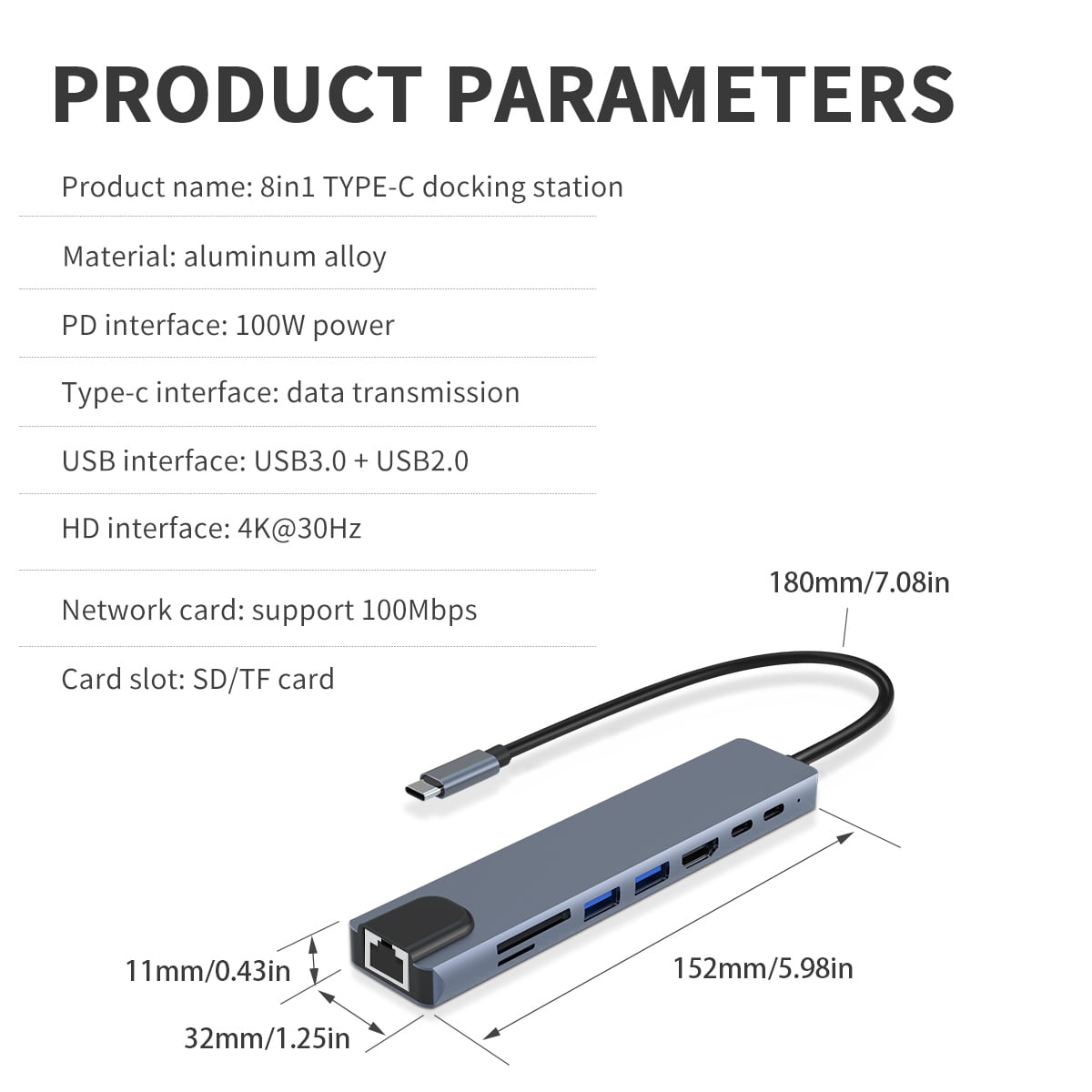 DOONJIEY 8 in-1 USB C Docking Station with 4K HDTV, 100W PD, USB 3.0/2.0, RJ45 100M, SD/TF Card Reader Type-c Hub for Imac  Surface ipad