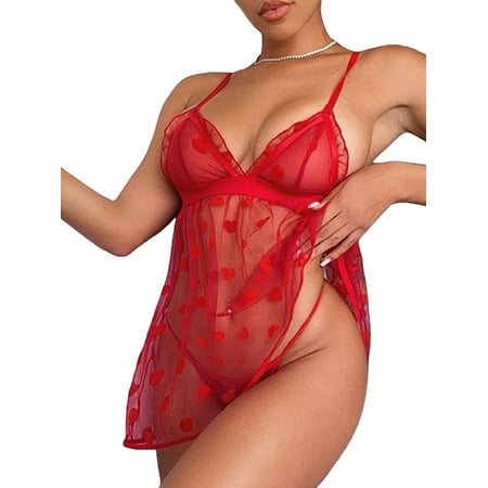 Keeccty See-Through Mesh Babydoll Nighty Sleepshirt With Thong Women S-2XL