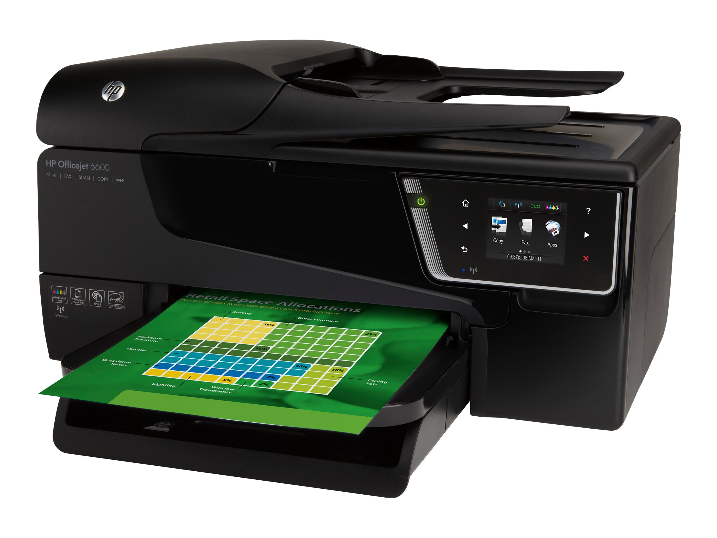 HP Officejet 6600 e-All-in-One H711a - Multifunction printer - color - ink-jet - Legal (8.5 in x 14 in)/A4 (8.25 in x 11.7 in) (original) - Legal (media) - up to 32 ppm (copying) - up to 14 ppm (printing) - 250 sheets - 33.6 Kbps - USB 2.0, Wi-Fi(n) - image 2 of 8