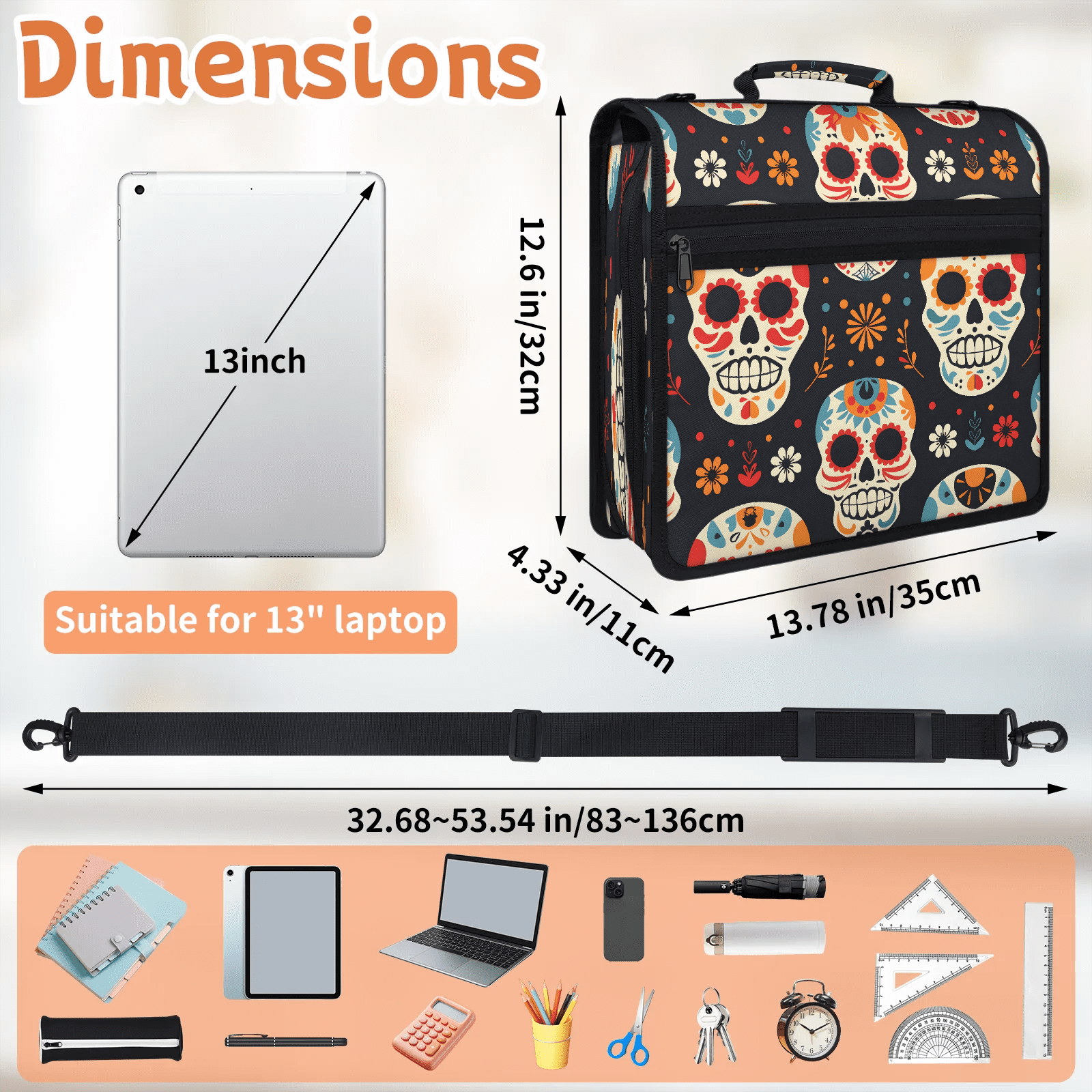 Herdesigns Sugar Skull Floral Zipper Binder with Shoulder Strap, Waterproof 1.5 Inch 3 D-Ring Binder Organizer Bag, Fits 13 Inch Laptop for Work,