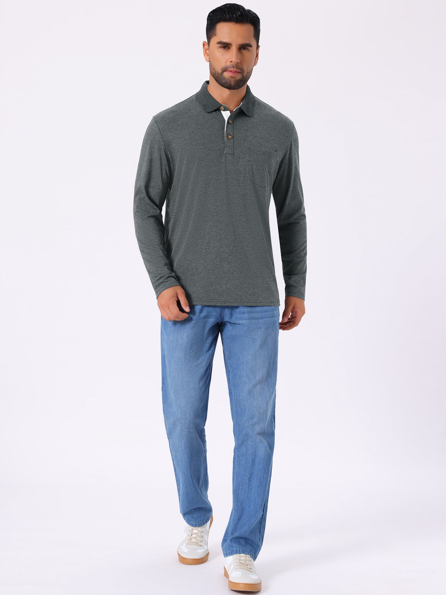 DARING DIVA Men's Contrast Button Collared Long Sleeves Golf Polo T-Shirts L Dark Gray
