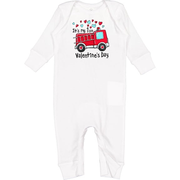 Inktastic It's My 1st Valentine's Day Fire Truck Baby Romper Coveralls