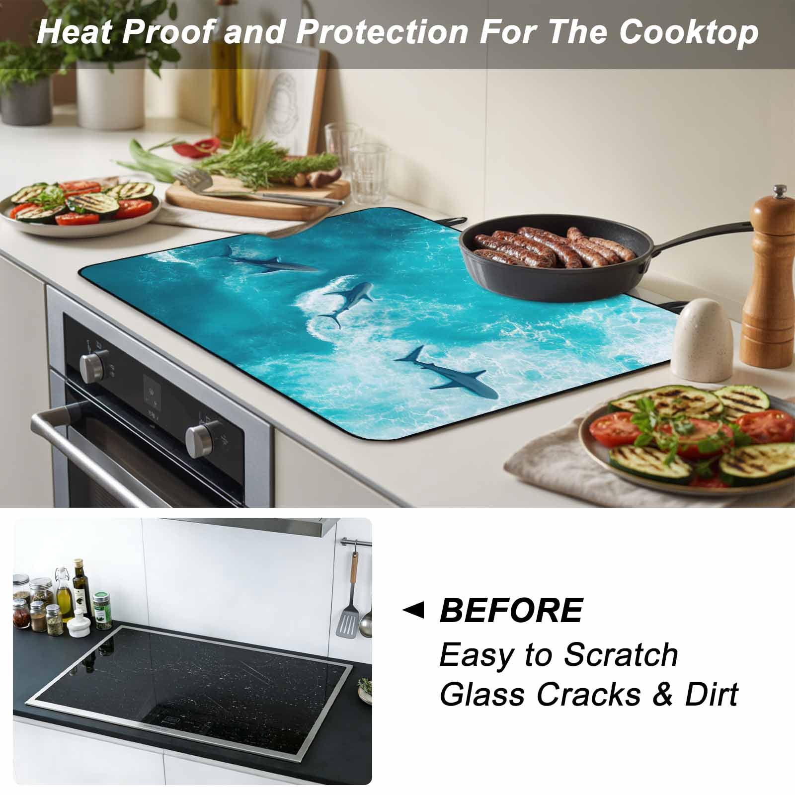 Teal Blue Ocean Shark Stove Top Cover for Electric Stove, Heat-proof & Non Slip Glass Top Stove Cover Protector, Coastal Wave Summer Beach Kitchen Flat Cooktop Rubber Mat 24x21 Inches