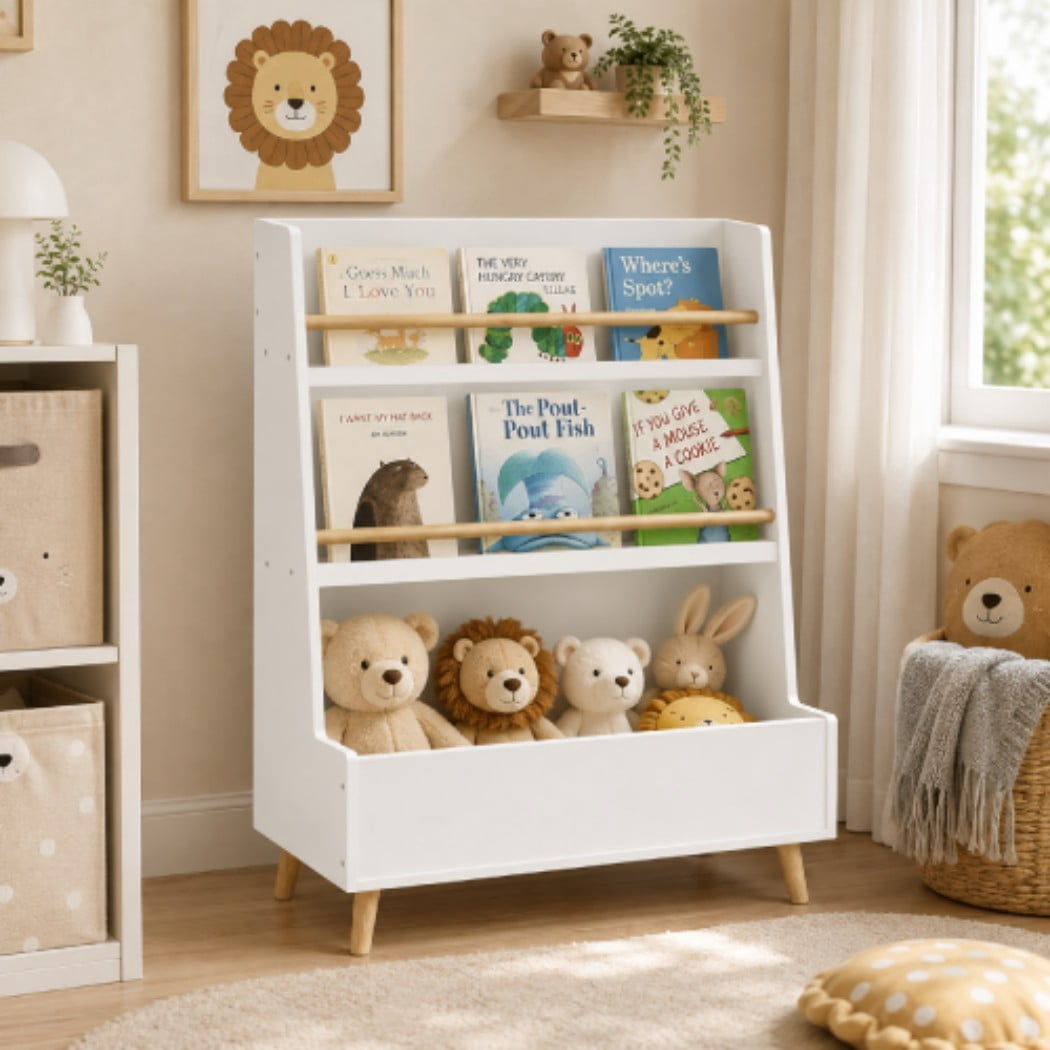 Kids Bookshelf, Children's Book and Magazine Rack with 2 Shelves & Toy Storage Bin, MDF Book Organizer with Pine Wood Legs, Wall-Anchored Toy Storage Cabinet for Bedroom & Playroom, White