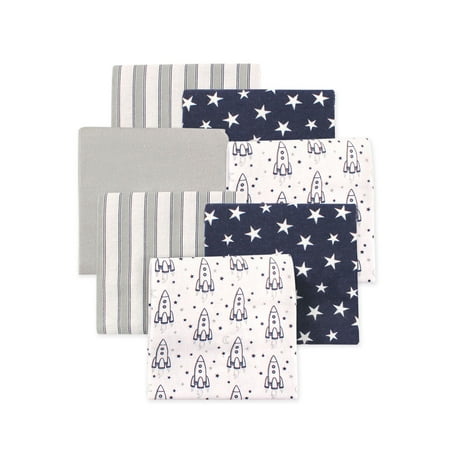 Little Treasure Hudson Baby Boys Cotton Poly Flannel Receiving Blankets 7-Pack, Blue Rocket Ship, 30x30 inches