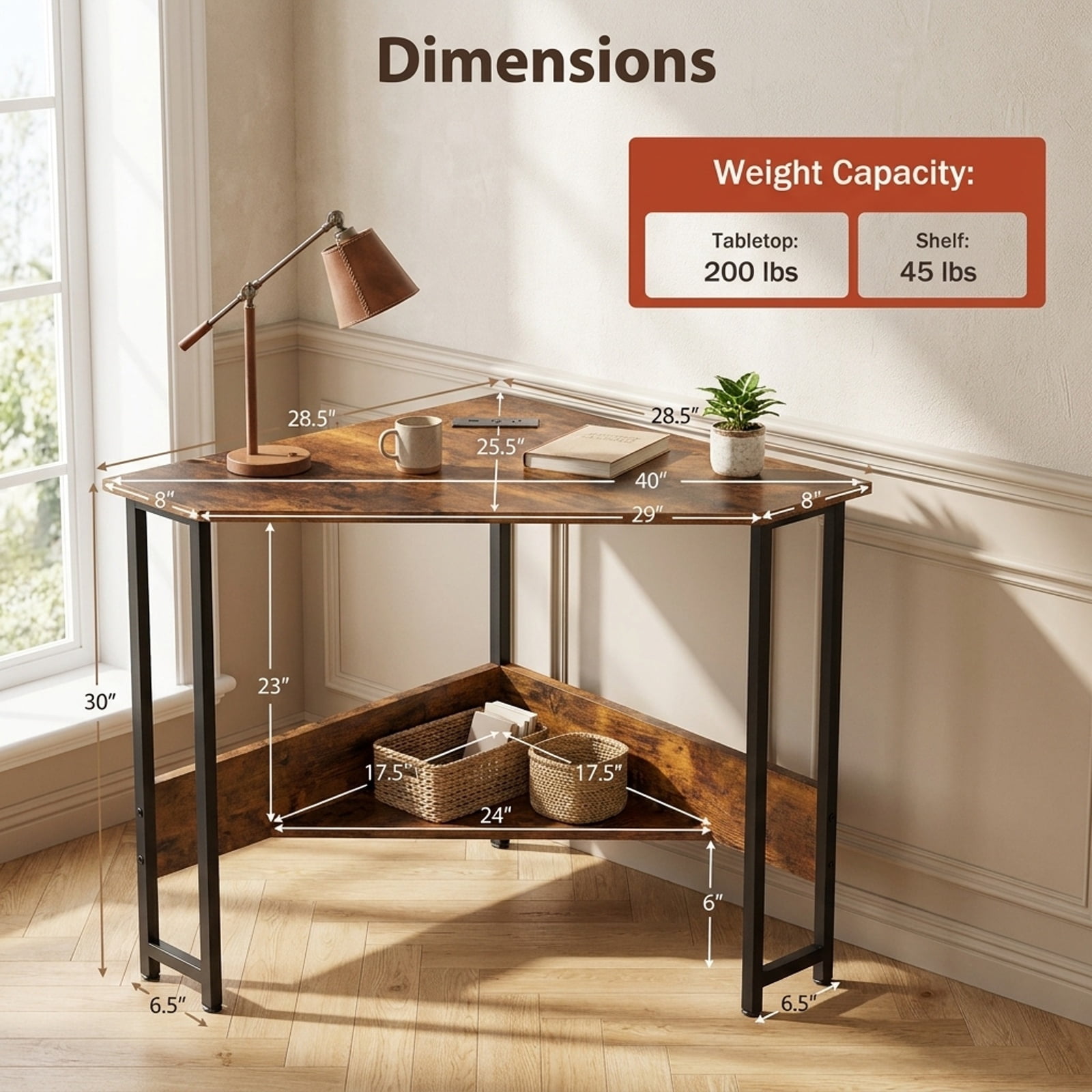 Furnibear Corner Desk Triangle Computer Desk Home Office Study Workstation with Charging Station and Open Shelf for Small Spaces, Rustic Brown
