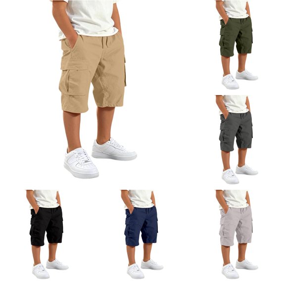 Boys Y2K Hip‑Hop Street‑Wear Cargo Capri Pants, Elastic Waist Loose‑Fit Solid‑Color 3/4 Length Casual Outdoor Trousers for Kids
