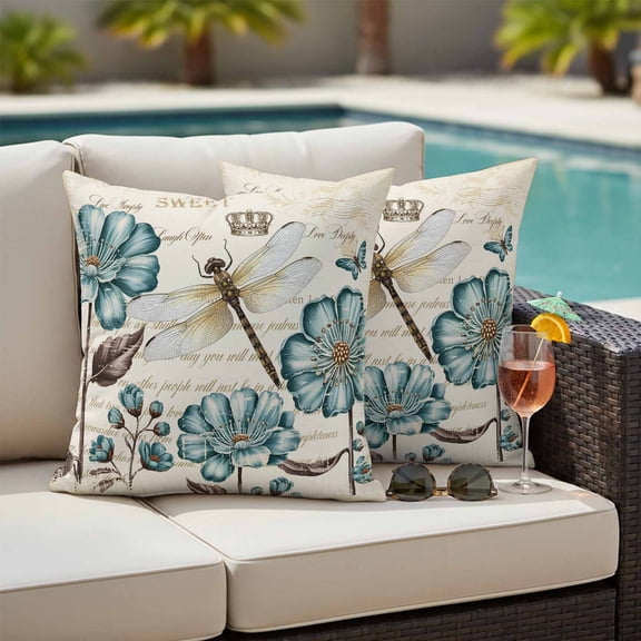 Dragonfly Flowers Outdoor Pillow Covers 24x24 Inch Throw Pillow Covers Set of 2 Waterproof Decorative Pillow Cases Vintage Botanical Teal Floral Leaf Beige Cushion Covers for Patio Furniture Garden