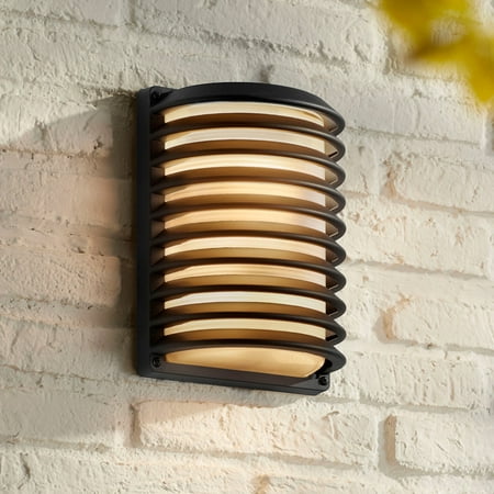 John Timberland Modern Outdoor Wall Light Fixture Sleek Black Banded Grid 10 Frosted Glass for Exterior House Porch Patio Deck