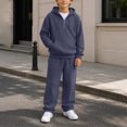 thumbnail image 4 of SERTGUTR Boys' Waffle Knit Hoodie Pullover Quarter Zip Kangaroo Pocket Elastic Waist Sweatpants 2 Piece Set Relaxed Fit Warm Winter School Outdoor Wear, 4 of 9