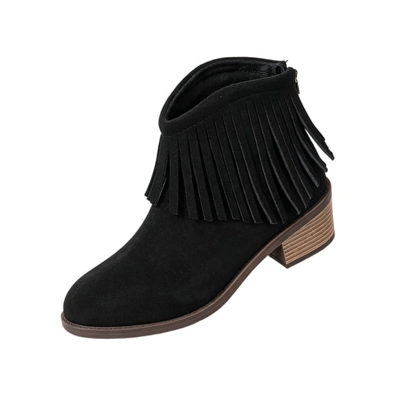 Ladies Fringed Round Toe Ankle Boots Chunky Heel Mid Heel Faux Suede For City Commutes