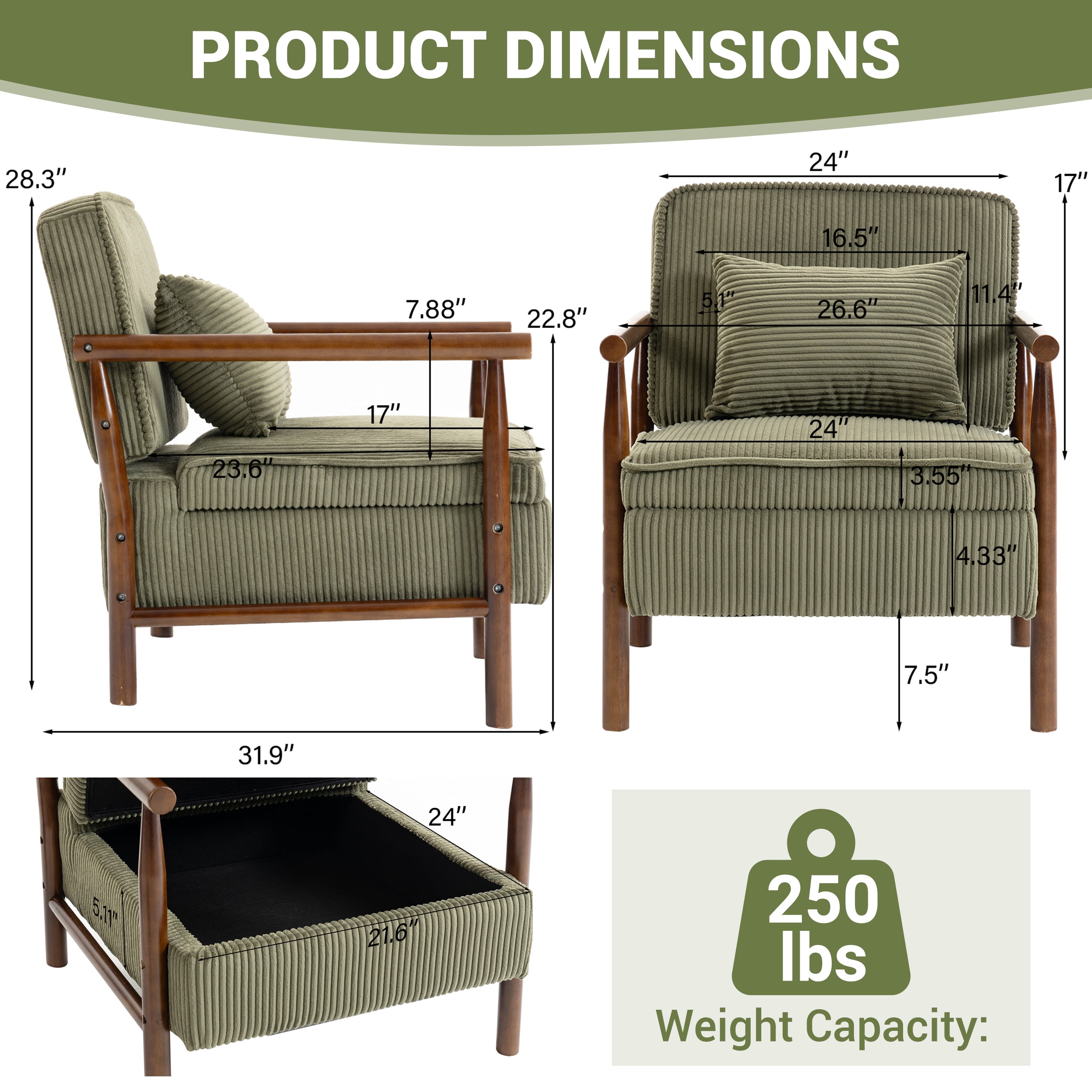Accent Chair with Hidden Storage, LEGAHOME Antique Green Modern Arm Chair for Living Room, Comfy Corduroy Reading Armchair for Bedroom, with Solid Wood Leg for 250lbs Weight Capacity